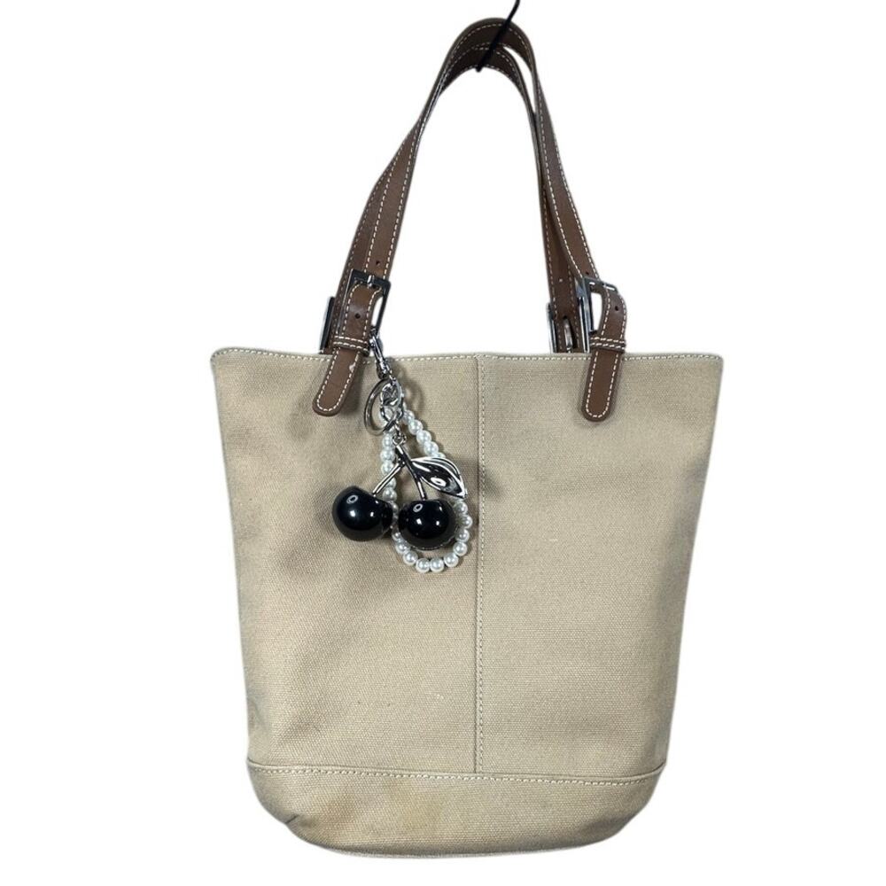 BANANA REPUBLIC Canvas Tote Leather Handle Cherry Charm Y2K Coquette Bag